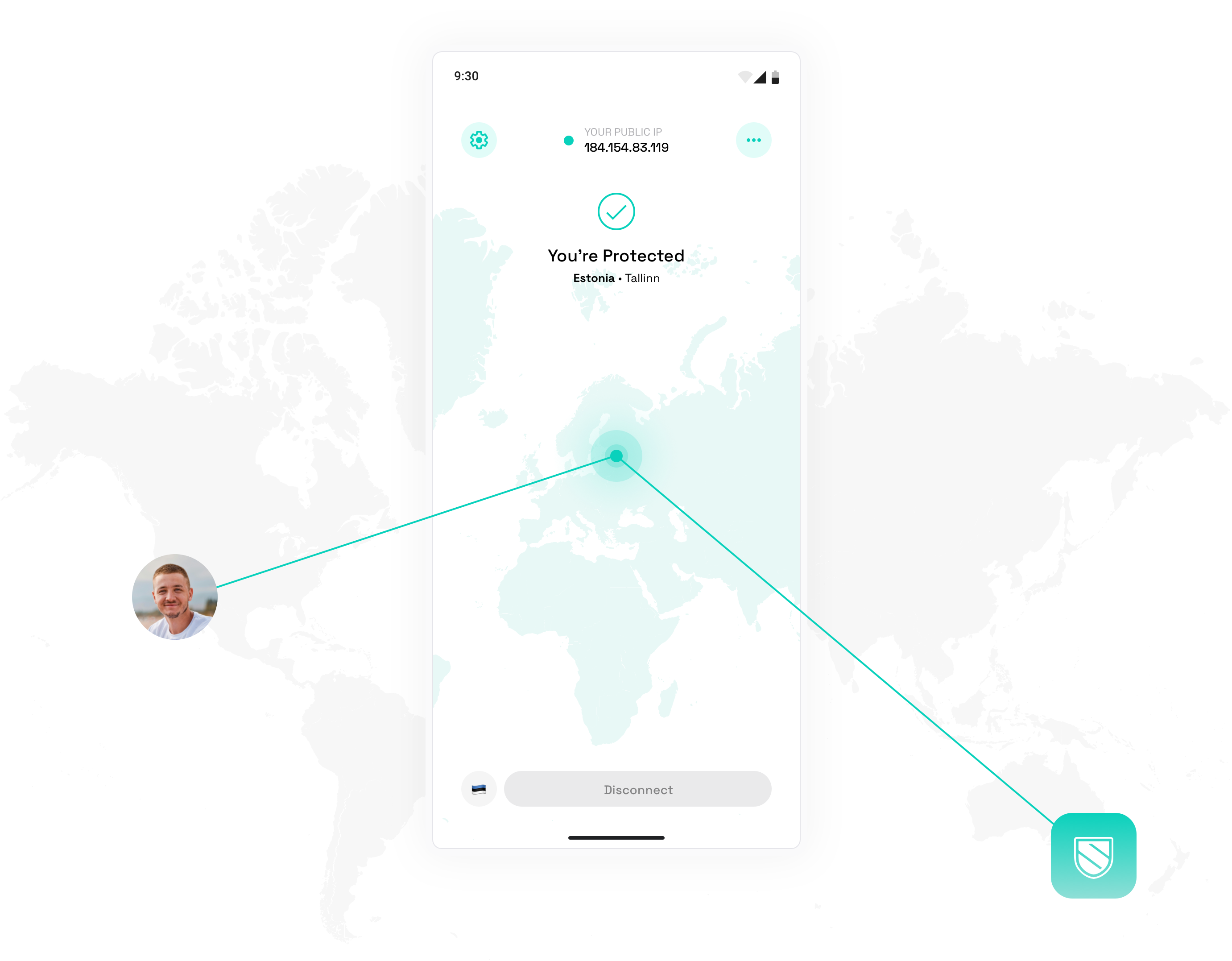 DVPN app shown on phone, laptop, and TV
